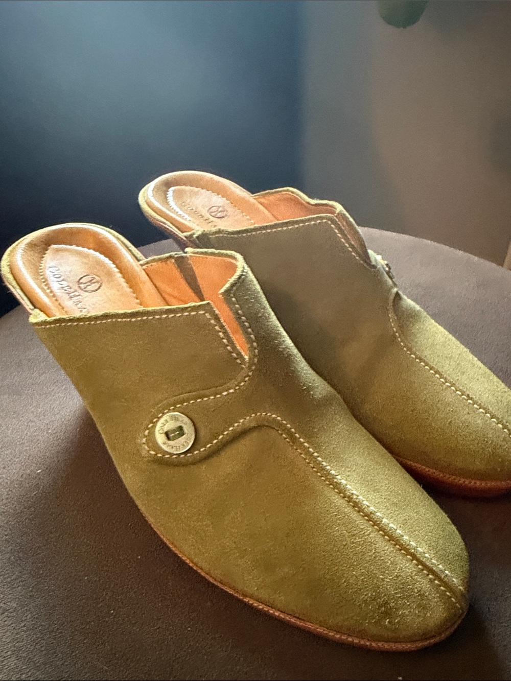 Cole Haan Olive Green Suede Womens 9 Slip-On Mules with Button Accent Boho Vibes